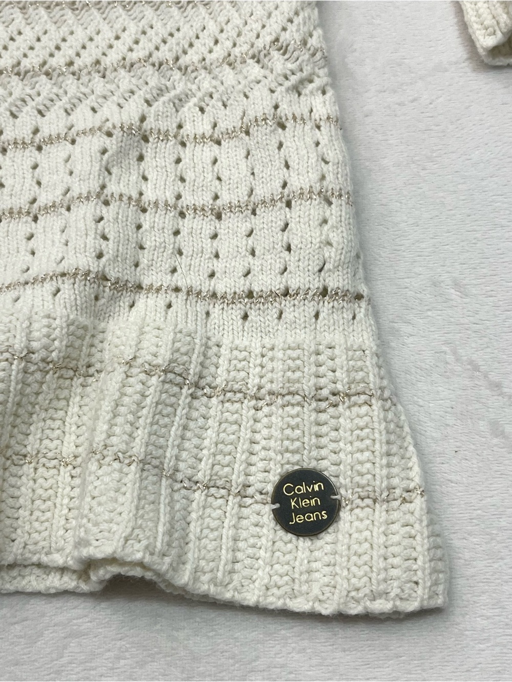 Calvin Klein Women’s 3/4 Sleeve Cream Gold Knit Cotton Blend Sweater Petite Med - Picture 7 of 16